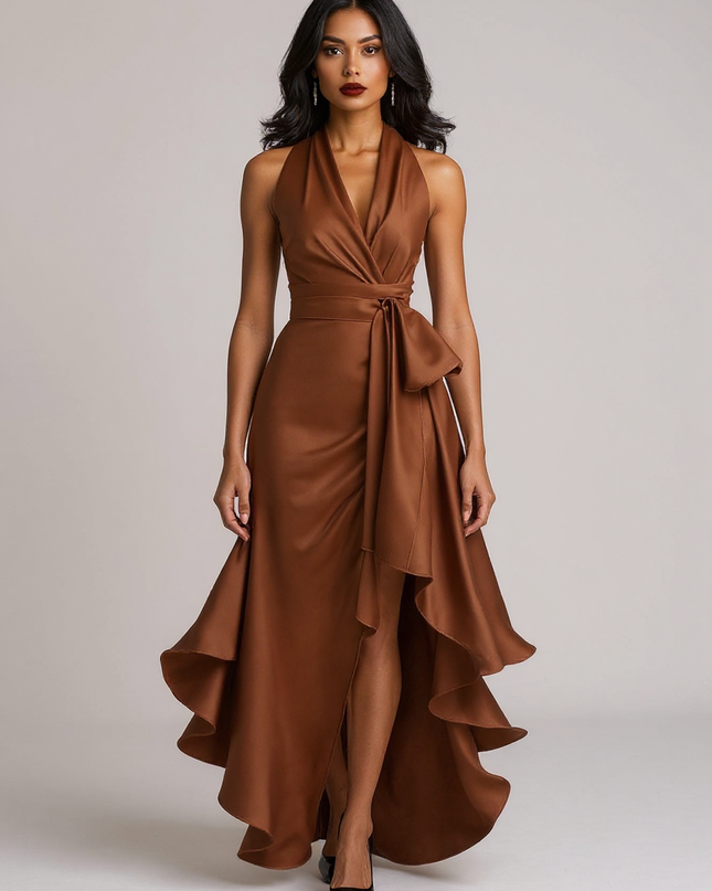 Theresa | Fitted Satin Halter Ruffle Bridesmaid Dress - Brown / XS(2)