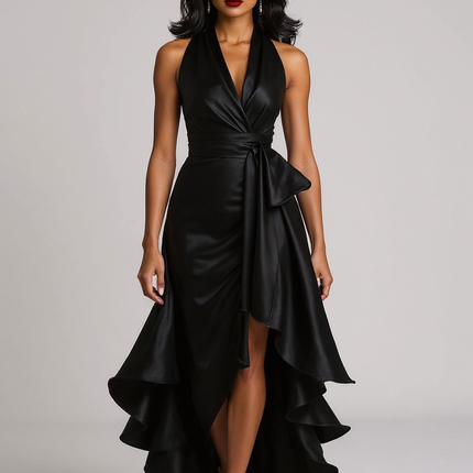 Theresa | Fitted Satin Halter Ruffle Bridesmaid Dress - Black / XS(2)