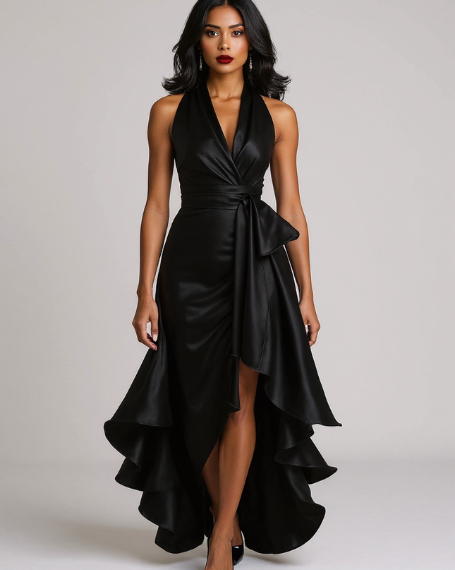 Theresa | Fitted Satin Halter Ruffle Bridesmaid Dress - Black / XS(2)