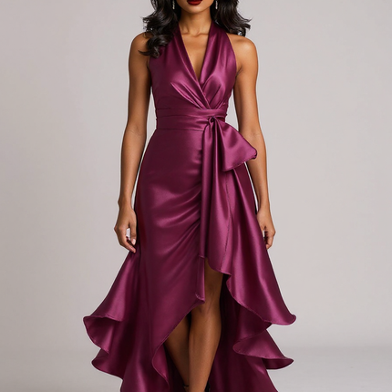 Theresa | Fitted Satin Halter Ruffle Bridesmaid Dress - Fuchsia / XS(2)