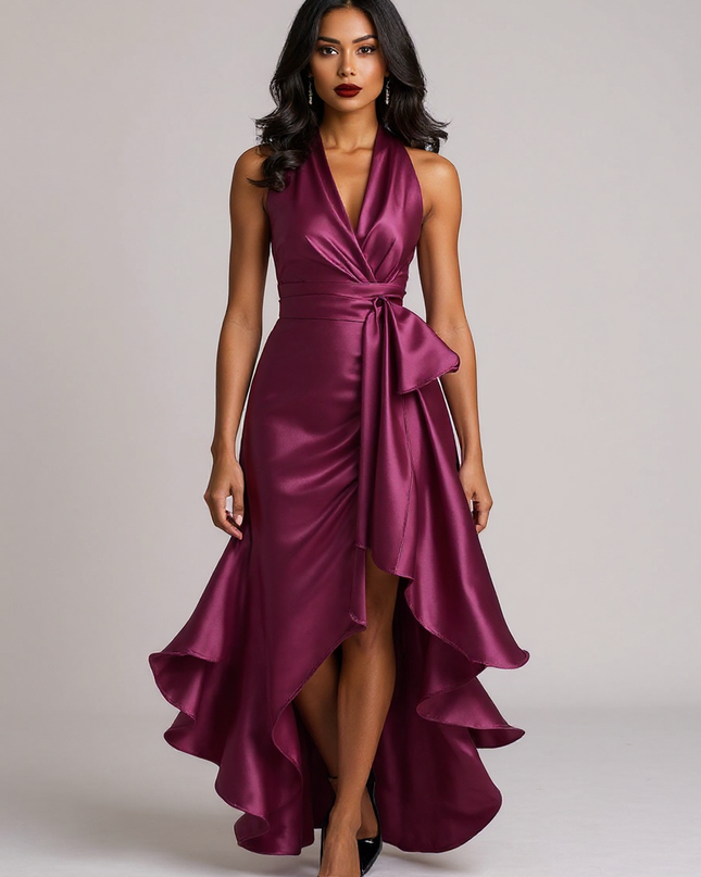 Theresa | Fitted Satin Halter Ruffle Bridesmaid Dress - Fuchsia / XS(2)