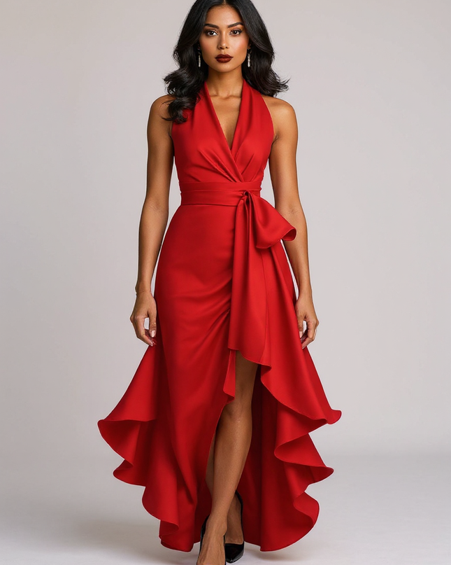Theresa | Fitted Satin Halter Ruffle Bridesmaid Dress - Red / XS(2)