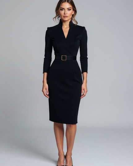Violet | Belted Fit Long Sleeve Midi Dress - Black / XS(2)