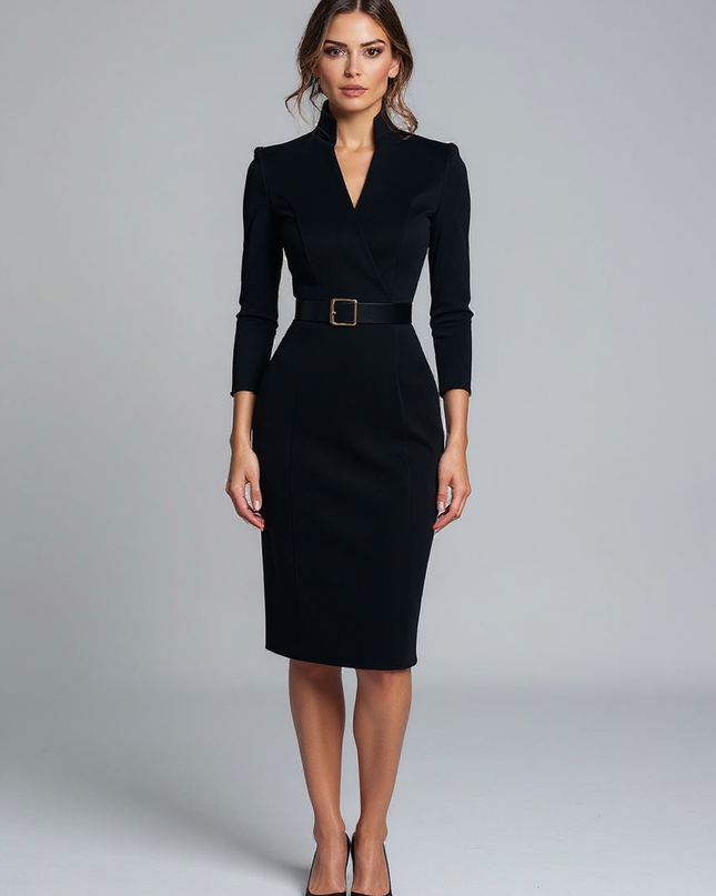 Violet | Belted Fit Long Sleeve Midi Dress - Black / XS(2)