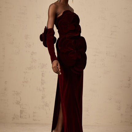 Ximena | Off Shoulder Velvet Floral Appliqué Maxi Dress