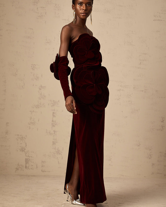 Ximena | Off Shoulder Velvet Floral Appliqué Maxi Dress