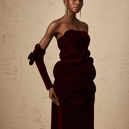 Ximena | Off Shoulder Velvet Floral Appliqué Maxi Dress