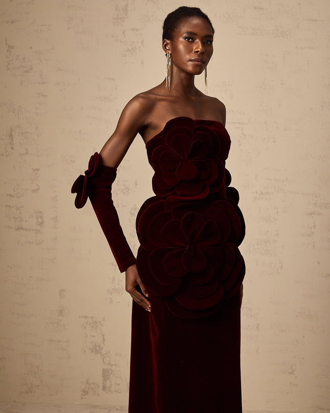 Ximena | Off Shoulder Velvet Floral Appliqué Maxi Dress