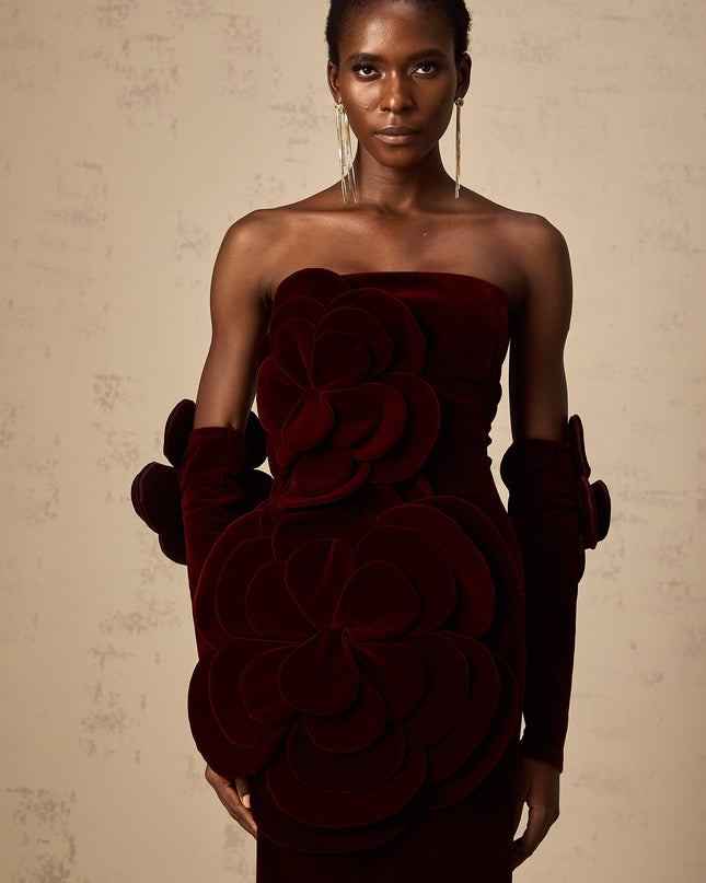 Ximena | Off Shoulder Velvet Floral Appliqué Maxi Dress