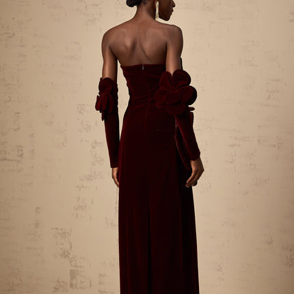 Ximena | Off Shoulder Velvet Floral Appliqué Maxi Dress