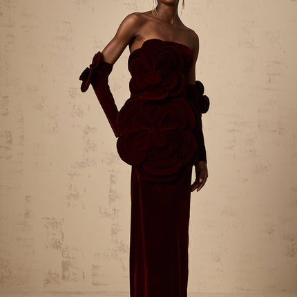 Ximena | Off Shoulder Velvet Floral Appliqué Maxi Dress