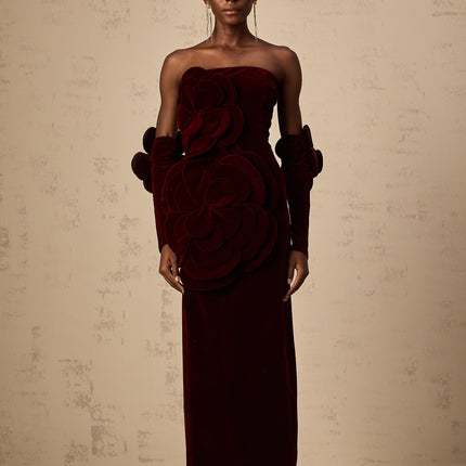 Ximena | Off Shoulder Velvet Floral Appliqué Maxi Dress