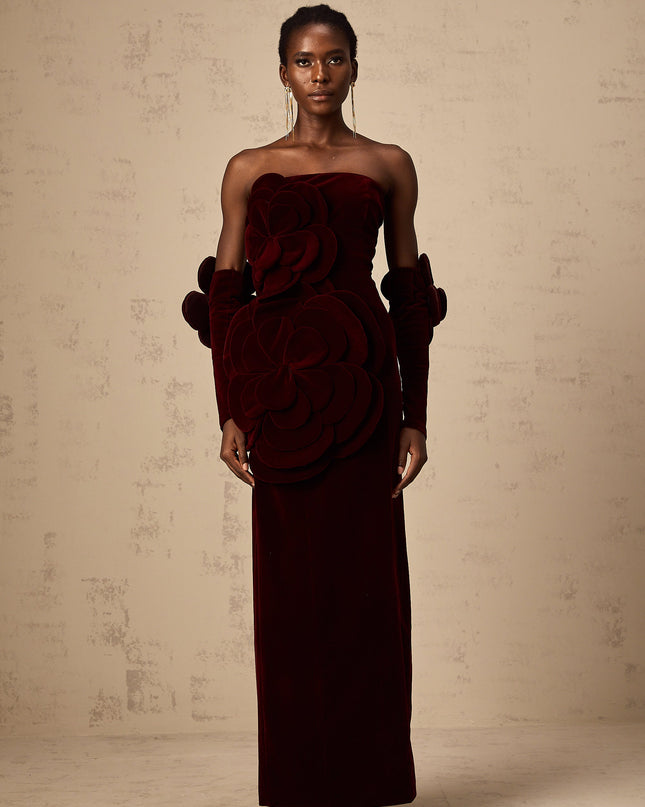 Ximena | Off Shoulder Velvet Floral Appliqué Maxi Dress