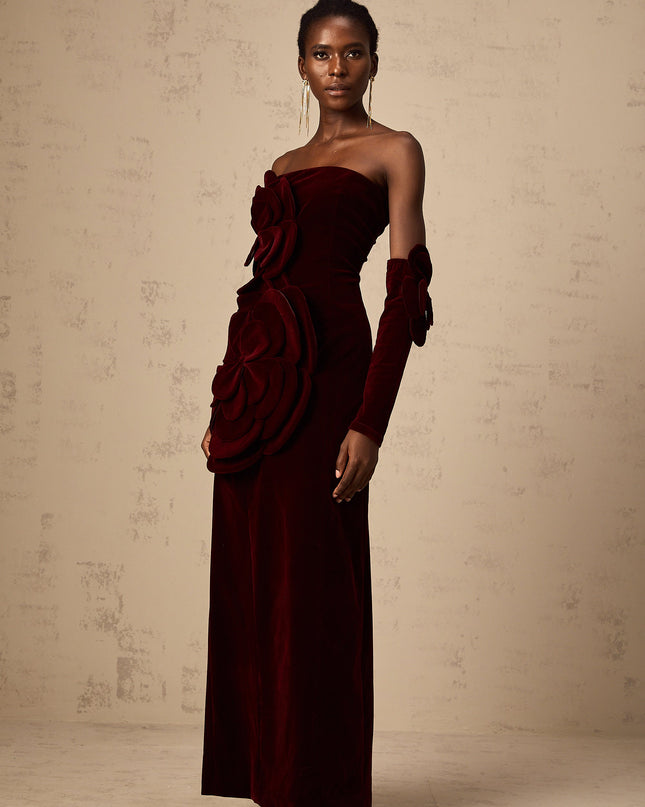 Ximena | Off Shoulder Velvet Floral Appliqué Maxi Dress