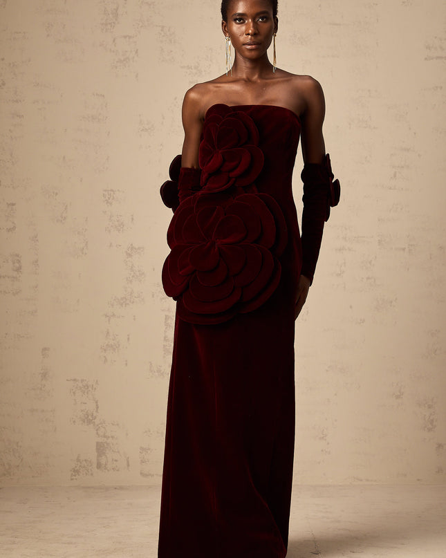 Ximena | Off Shoulder Velvet Floral Appliqué Maxi Dress