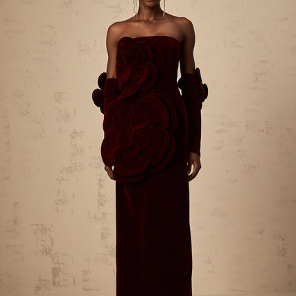 Ximena | Off Shoulder Velvet Floral Appliqué Maxi Dress