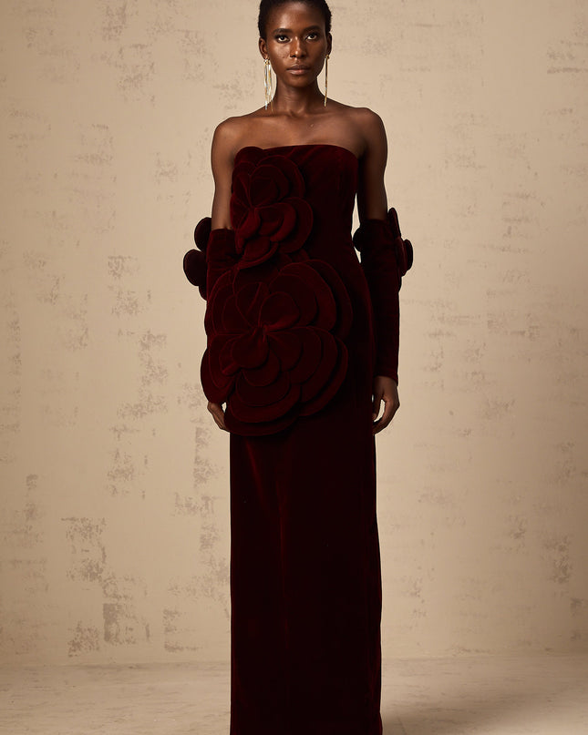 Ximena | Off Shoulder Velvet Floral Appliqué Maxi Dress