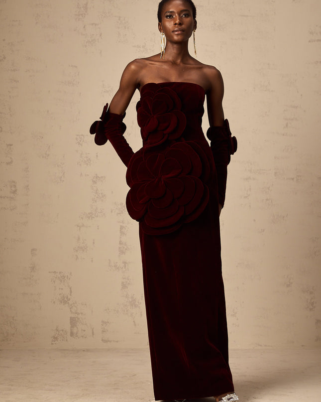 Ximena | Off Shoulder Velvet Floral Appliqué Maxi Dress