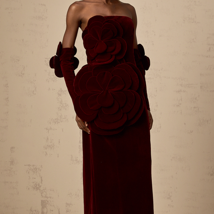 Ximena | Off Shoulder Velvet Floral Appliqué Maxi Dress