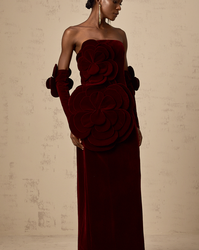 Ximena | Off Shoulder Velvet Floral Appliqué Maxi Dress