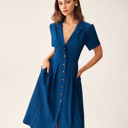Zelda | Pleated V-Neck Summer Button Midi Dress
