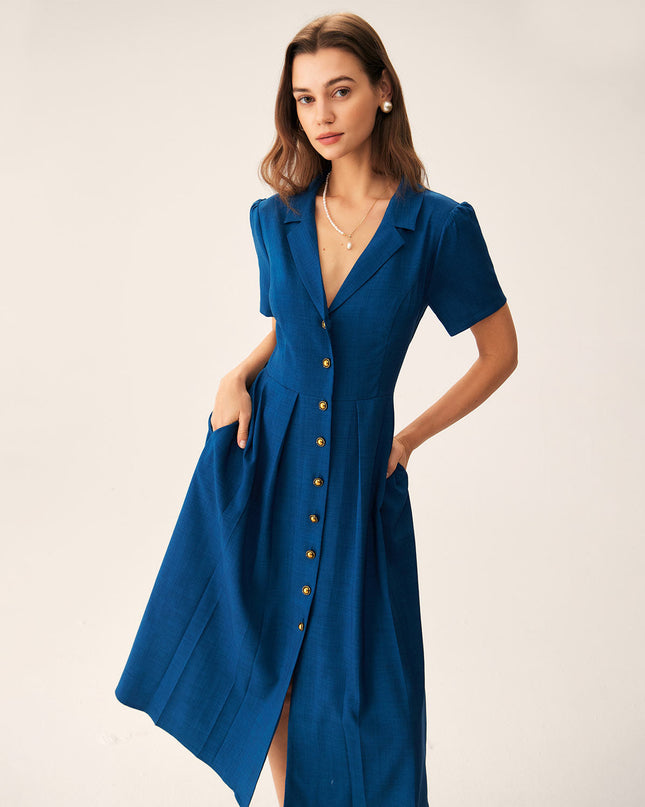 Zelda | Pleated V-Neck Summer Button Midi Dress