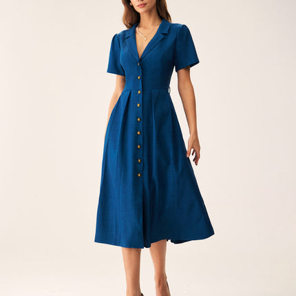 Zelda | Pleated V-Neck Summer Button Midi Dress