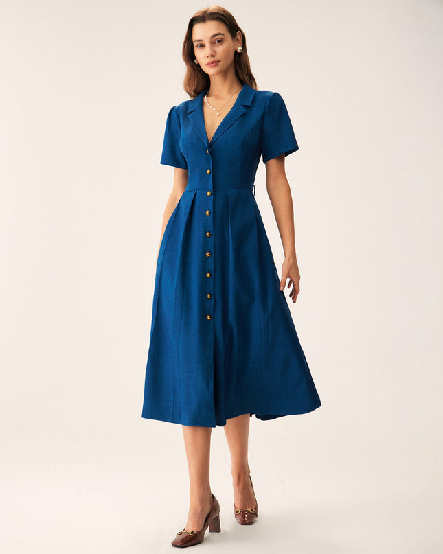 Zelda | Pleated V-Neck Summer Button Midi Dress