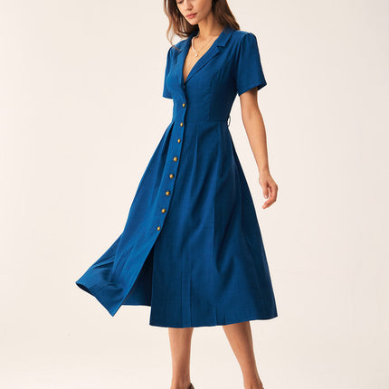Zelda | Pleated V-Neck Summer Button Midi Dress