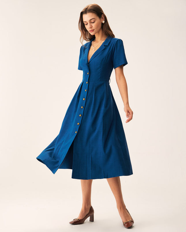 Zelda | Pleated V-Neck Summer Button Midi Dress
