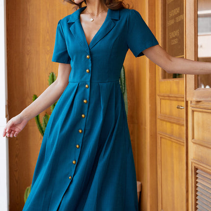 Zelda | Pleated V-Neck Summer Button Midi Dress