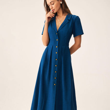 Zelda | Pleated V-Neck Summer Button Midi Dress