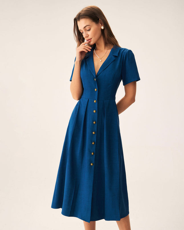 Zelda | Pleated V-Neck Summer Button Midi Dress