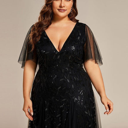 Zia | Fitted V-Neck Ruffle Sleeve Evening Dress