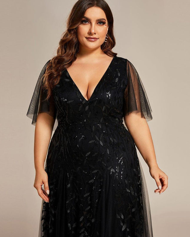 Zia | Fitted V-Neck Ruffle Sleeve Evening Dress