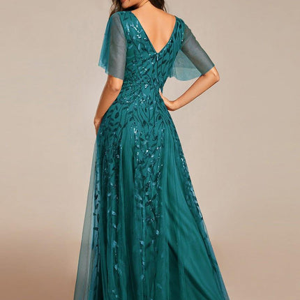 Zia | Fitted V-Neck Ruffle Sleeve Evening Dress