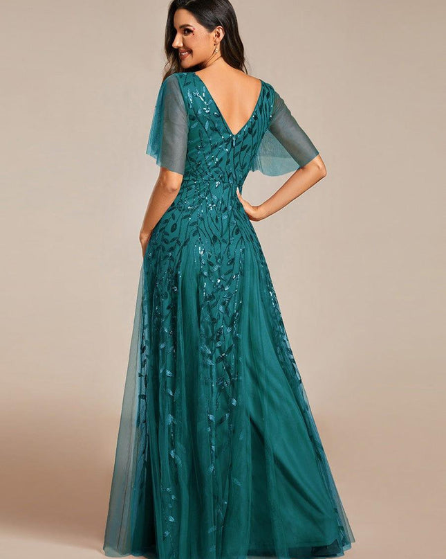 Zia | Fitted V-Neck Ruffle Sleeve Evening Dress