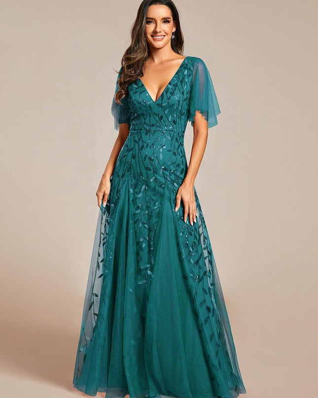 Zia | Fitted V-Neck Ruffle Sleeve Evening Dress