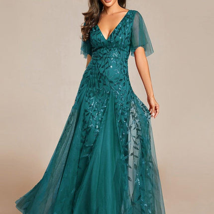 Zia | Fitted V-Neck Ruffle Sleeve Evening Dress