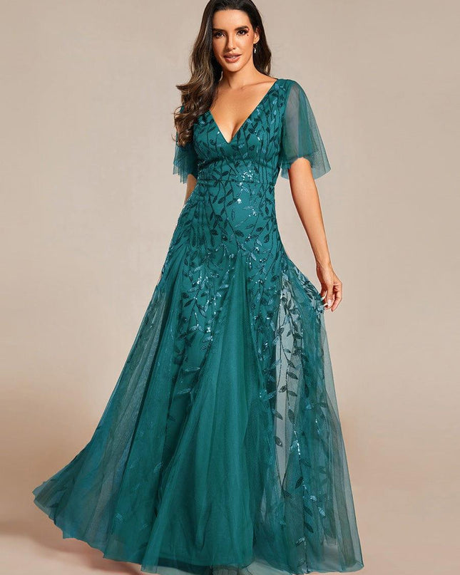 Zia | Fitted V-Neck Ruffle Sleeve Evening Dress