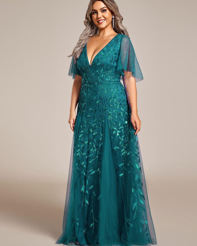 Zia | Fitted V-Neck Ruffle Sleeve Evening Dress