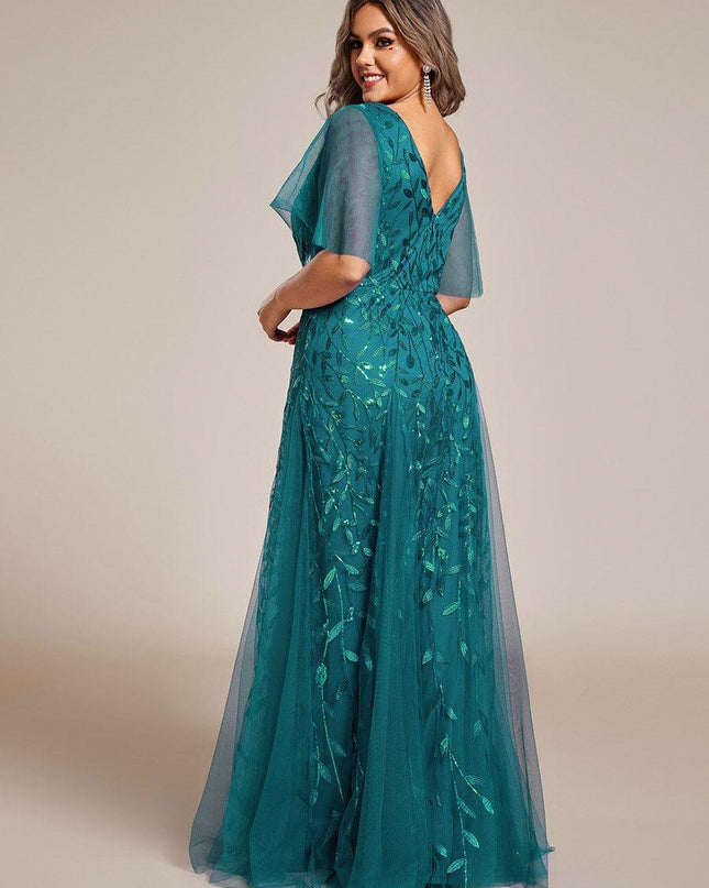 Zia | Fitted V-Neck Ruffle Sleeve Evening Dress