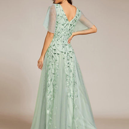 Zia | Fitted V-Neck Ruffle Sleeve Evening Dress