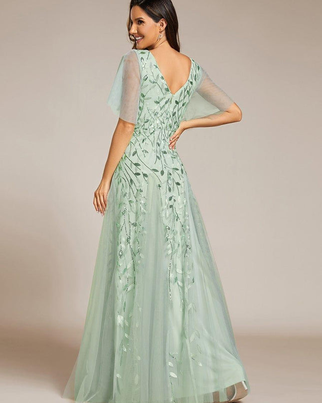 Zia | Fitted V-Neck Ruffle Sleeve Evening Dress