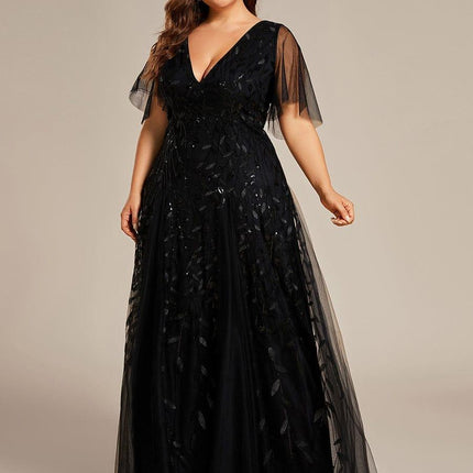 Zia | Fitted V-Neck Ruffle Sleeve Evening Dress