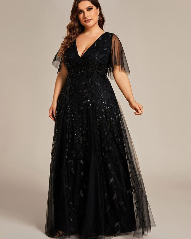 Zia | Fitted V-Neck Ruffle Sleeve Evening Dress