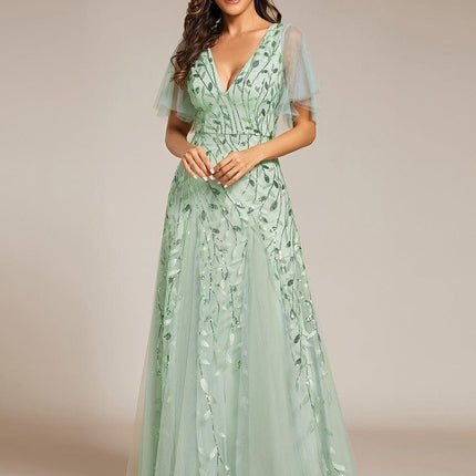 Zia | Fitted V-Neck Ruffle Sleeve Evening Dress