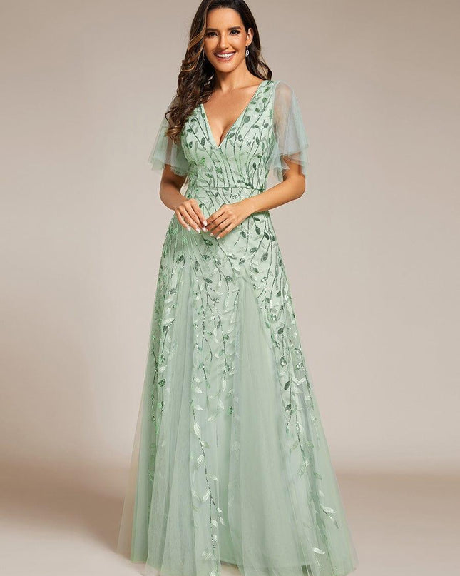 Zia | Fitted V-Neck Ruffle Sleeve Evening Dress