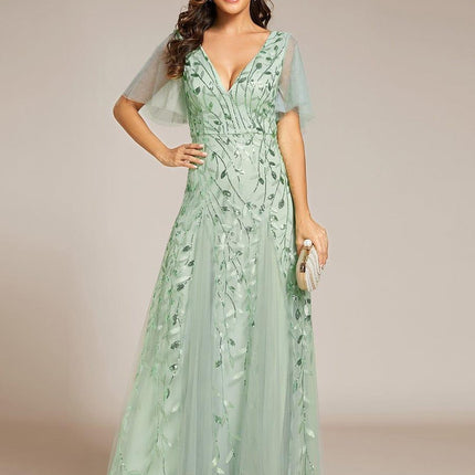 Zia | Fitted V-Neck Ruffle Sleeve Evening Dress