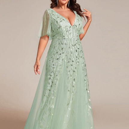 Zia | Fitted V-Neck Ruffle Sleeve Evening Dress